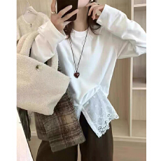 批发原版做工白色蕾丝花边打底衫女秋开叉中长款内搭长袖<b class='q'>t</b><b class='q'>恤</b>上衣