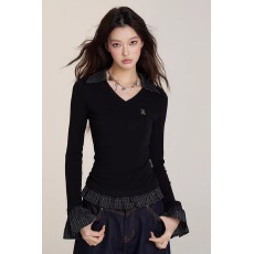 批发原版做工设计感拼接假两件打底长袖<b class='q'>T</b><b class='q'>恤</b>女秋设计感辣妹V领上衣