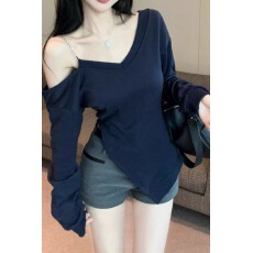 批发不规则开叉斜肩长袖<b class='q'>t</b><b class='q'>恤</b>女秋冬纯欲一字肩上衣打底衫内搭露肩卫衣