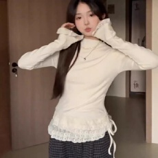 批发韩系纯欲蕾丝半高领长袖<b class='q'>t</b><b class='q'>恤</b>女秋季bm风小个子修身显瘦打底衫上衣