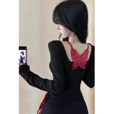 批发一字肩假两件挂脖长袖<b class='q'>t</b><b class='q'>恤</b>女秋冬纯欲辣妹露背上衣蕾丝打底衫内搭