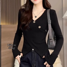 批发原版做工韩系不规则v领开叉长袖<b class='q'>t</b><b class='q'>恤</b>女秋小个子甜辣妹显瘦上衣