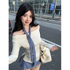 批发原版做工假两件格子长袖<b class='q'>t</b><b class='q'>恤</b>女辣妹一字肩飘带挂脖上衣打底衫