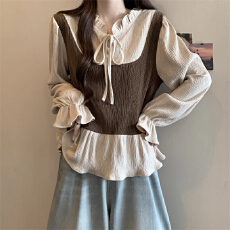 原版做工设计感系带蝴蝶结长袖衬衫女早秋时尚洋气假两件上衣