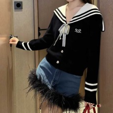 批发学院风海军领条纹减龄毛衣开衫女秋冬韩系穿搭撞色蝴蝶结针织外套