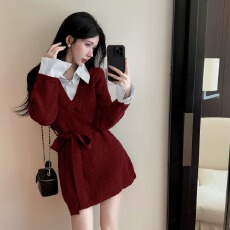 批发撞色假两件针织衬衫领拼接裙子秋冬法式收腰气质宽松显瘦<b class='q'>连衣裙</b>