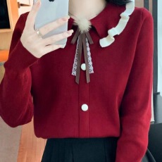 批发小香风娃娃领针织衫<b class='q'>女士</b>2024春装新款宽松显瘦洋气减龄蝴蝶结上衣