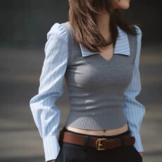 批发2025新款条纹假两件<b class='q'>长袖</b>衬衣女秋冬季学院风收腰v领毛织拼接衬衫