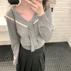 批发灰色海军领披肩针织衫女秋季2025春秋新款韩系学院风打底衫短上衣