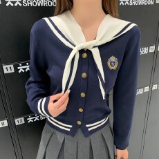 批发2025秋新款学院风海军领单排扣休闲减龄针织开衫女洋气独特超上衣