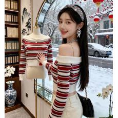 批发韩版条纹露肩针织衫<b class='q'>春秋</b>季一字肩短款修身韩系辣妹撞色套头上衣潮