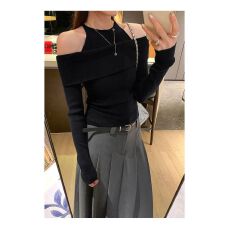 设计感独特假两件一字肩露肩长袖针织衫女2025秋冬季新款上衣