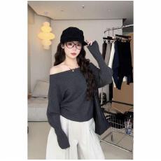 批发2025网红纯色宽松一字肩<b class='q'>长袖</b>针织衫女秋款外穿休闲<b class='q'>蝙蝠衫</b>上衣打底