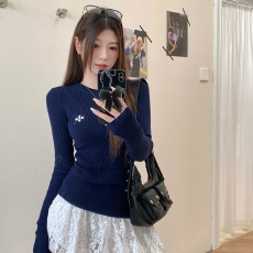 长袖针织衫女2025秋冬季坑条修身显瘦打底衫内搭十字提花撞色上衣