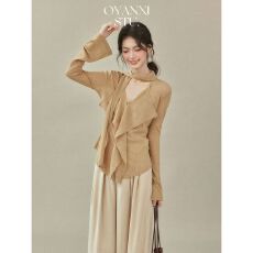 入秋松弛系设计感飘带V领T恤女2025秋季新款长袖上衣