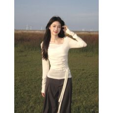 批发春秋设计感绑带长袖t恤女新款修身辣妹打底<b class='q'>罩衫</b>内搭斜露肩上衣潮