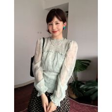 批发薄雾青纱法式长袖雪纺小衫女早秋浅绿色收腰显瘦薄款防晒上衣