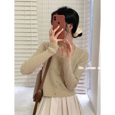 批发早秋新款坑条纹针织开衫女修身显瘦打底短款毛衣裙子<b class='q'>吊带</b>外搭上衣