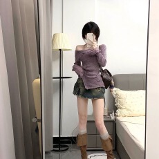 批发镂空<b class='q'>针织衫</b>上衣女2025春秋新款<b class='q'>罩衫</b>不规则紫色打底衫内搭一字肩潮