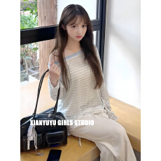 批发竹节螺纹美式复古字母刺绣条纹防晒<b class='q'>罩衫</b>女秋季宽松显瘦长袖上衣