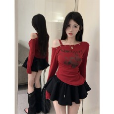 批发<b class='q'>莫代尔</b>人棉260克酒红色露肩<b class='q'>吊带</b>t恤女款秋季印花设计感修身短款