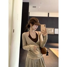 批发美式复古v领套装女修身显瘦打底<b class='q'>罩衫</b>挂脖系带叠穿吊带两件套
