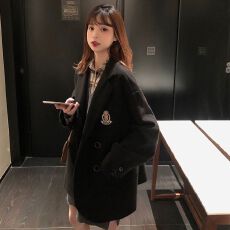 批发2025秋冬新款韩版宽松黑色中长款徽章毛呢外套<b class='q'>女</b>西装领呢子大衣潮