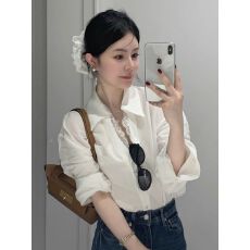 批发蕾丝花边一蕾丝长袖翻领设计感白色<b class='q'>衬衫</b>显瘦收腰上衣