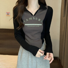 批发撞色polo领修身长袖t恤女秋季v领上衣