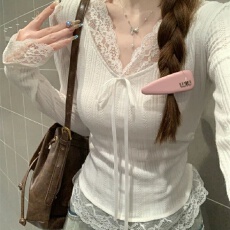 批发v领长袖<b class='q'>T</b><b class='q'>恤</b>女早秋显瘦<b class='q'>短款</b>上衣