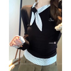 螺纹德绒设计感刺绣别致假两件长袖T恤秋冬修身显瘦百搭上衣