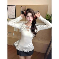 批发40支纯棉波点拼接长袖<b class='q'>T</b><b class='q'>恤</b>女春秋新款修身显瘦纯欲风<b class='q'>短款</b>上衣