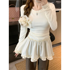 批发德绒淑女风杏色加绒木耳边圆领<b class='q'>连衣裙</b>女秋冬减龄休闲修身短裙