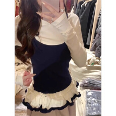 批发德绒韩系假两件吊带拼接T恤女外穿春秋季修身长袖花边<b class='q'>裙摆</b><b class='q'>上衣</b>