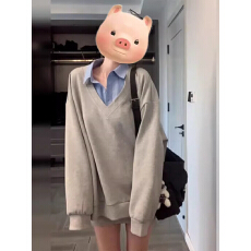 批发秋冬POLO衫拼接V领<b class='q'>衬衫</b>卫衣学院风<b class='q'>假两件</b>设计感小众上