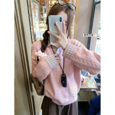 批发秋冬新款韩系麻花粉色<b class='q'>假两件</b>毛衣女秋冬<b class='q'>衬衫</b>拼接内搭针织衫上衣