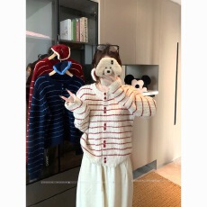 批发软糯撞色圆领<b class='q'>条纹</b>毛衣外套女秋季温柔宽松休闲外搭针织开衫