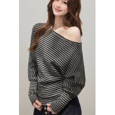 批发2025新款高级感独特辣妹灰色<b class='q'>条纹</b>一字露肩斜领上衣女秋季长袖t恤