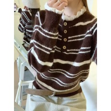 批发蕾丝拼接假两件撞色<b class='q'>条纹</b>毛衣2025秋冬慵懒新款宽松<b class='q'>针织衫</b>长袖上衣