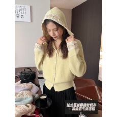 批发<b class='q'>蕾丝</b>拼接连帽针织开衫毛衣外套女士小个子宽松上衣加厚高级感