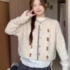 批发日系软糯绣花洋气圆领长袖针织衫<b class='q'>外套</b>女春秋款重工别致毛衣女开衫