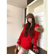 批发藏青色毛领连帽长袖针织<b class='q'>外套</b>女秋季慵懒风毛衣开衫宽松双拉链上衣