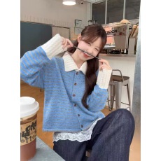 批发撞色条纹翻领长袖毛衣开衫女秋季韩系宽松针织<b class='q'>外套</b>设计感温柔上衣