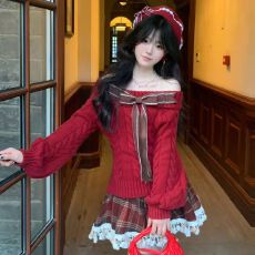 批发小香风法式<b class='q'>甜美</b>蝴蝶结一字肩毛衣女2025秋季新款软糯复古气质上衣