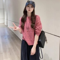 批发韩系时尚减龄<b class='q'>镂空</b>圆领针织<b class='q'>衫</b>女巨好看的早秋穿搭温柔气质长袖上衣