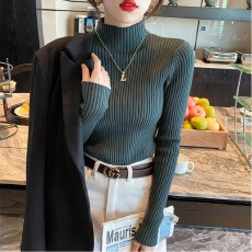 批发坑<b class='q'>条纹</b>半高领<b class='q'>打底衫</b>女早秋新款洋气修身针织毛衣配大衣的内搭上衣