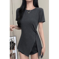 批发已出货 210克40支1*1纯棉螺纹短袖<b class='q'>T</b><b class='q'>恤</b>女夏中<b class='q'>长款</b>不规则绑带上衣