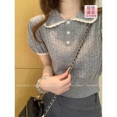 已出货 娃娃领麻花泡泡袖针织衫女春夏收腰短款内搭短袖bm风上衣