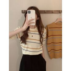 批发已出货 时尚<b class='q'>针织衫</b>女早春2026年新款外搭<b class='q'>宽松</b>撞色条纹短袖上衣潮