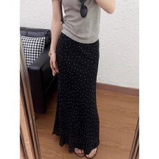 批发已出货 珍珠<b class='q'>雪纺</b> 黑色波点A字<b class='q'>长裙</b>包臀鱼尾裙巨好看夏季半身裙